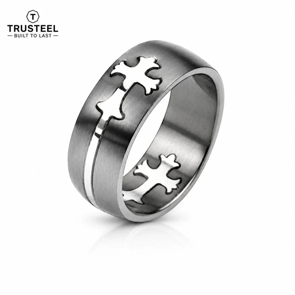 Men’s 8mm Dome Cut Out Celtic Cross Two Tone Band Ring Stainless Steel size 11